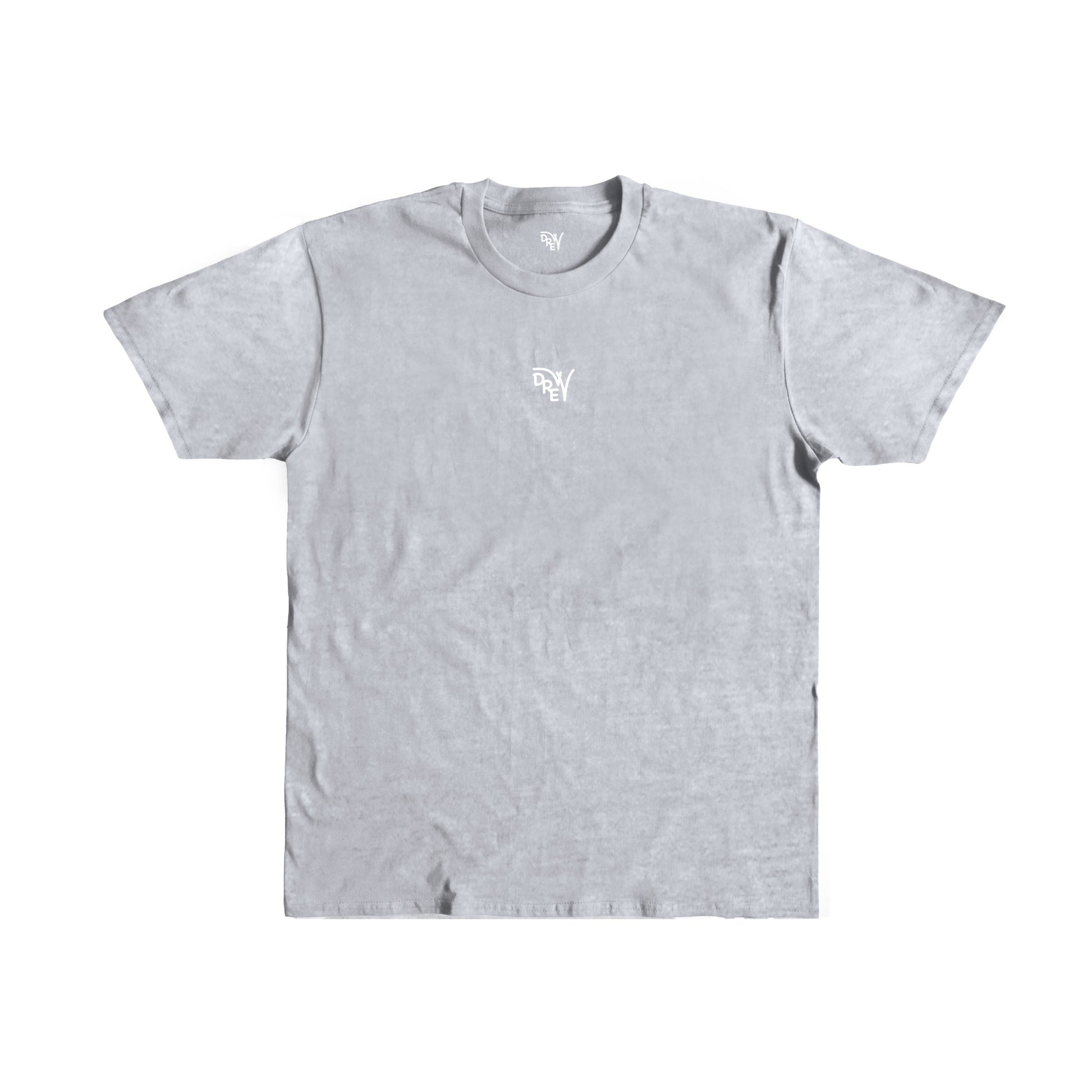 Maglietta grigio chiaro con stampa davanti al centro del logo Drew in bianco