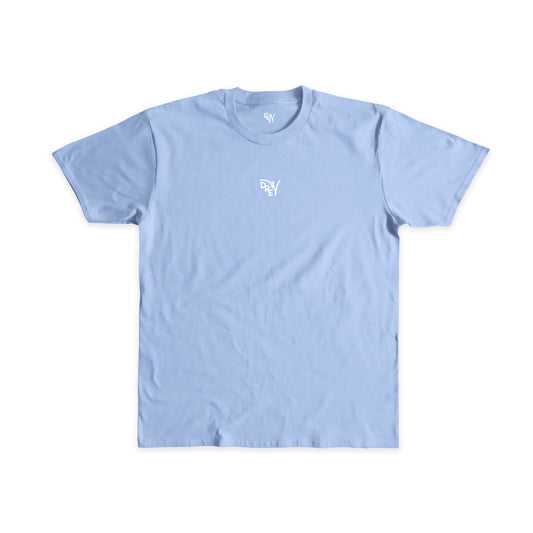 Maglietta celeste con stampa davanti al centro del logo Drew in bianco