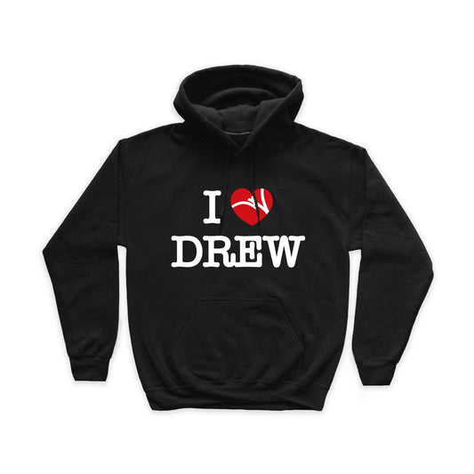 Felpa nera con stampa grande nel fronte della scritta I LOVE DREW in bianco con cuore rosso