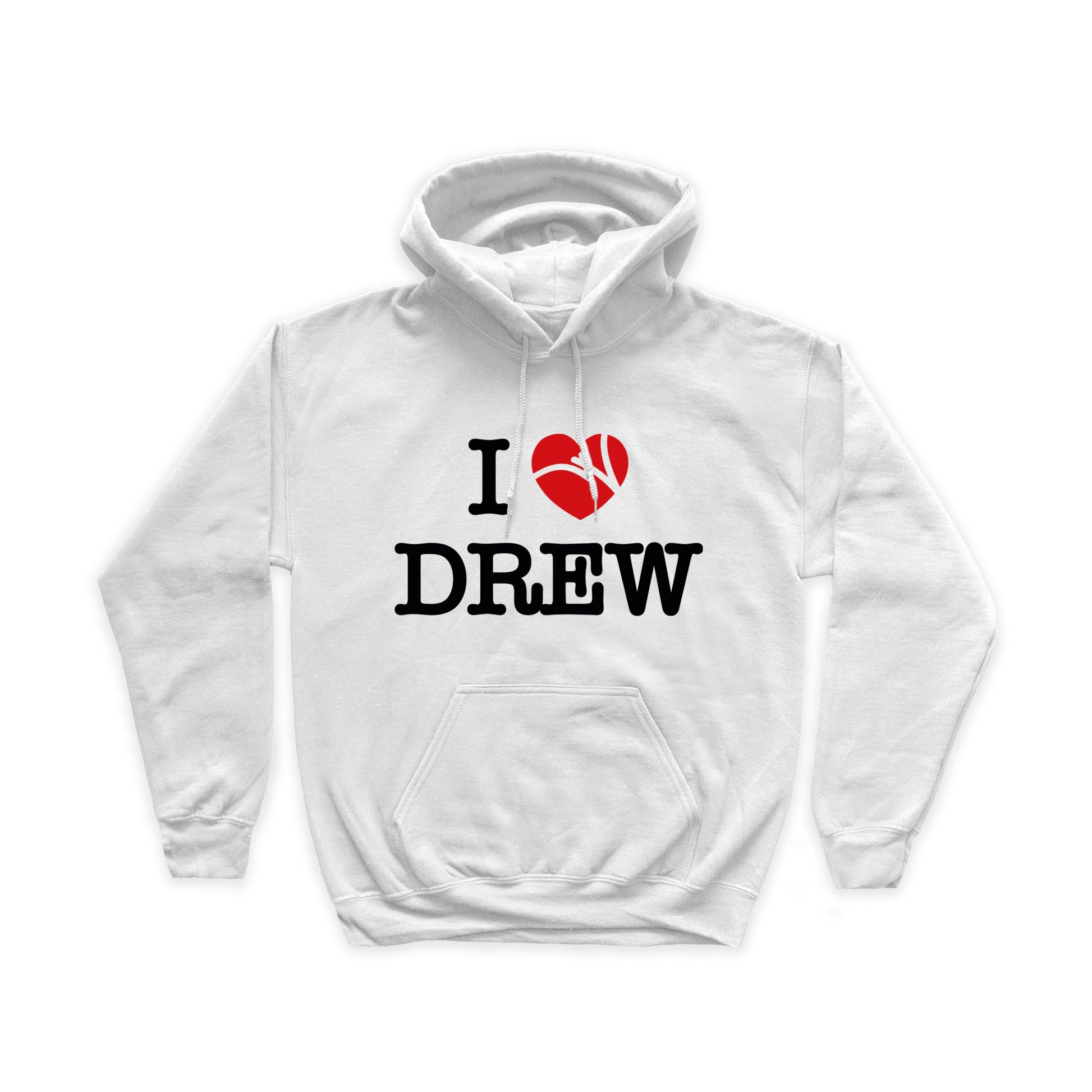 Felpa bianca con stampa grande nel fronte della scritta I LOVE DREW in nero con cuore rosso