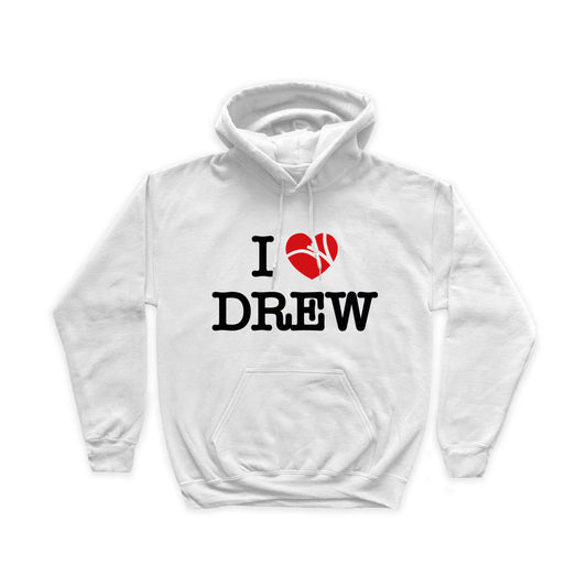 Felpa bianca con stampa grande nel fronte della scritta I LOVE DREW in nero con cuore rosso