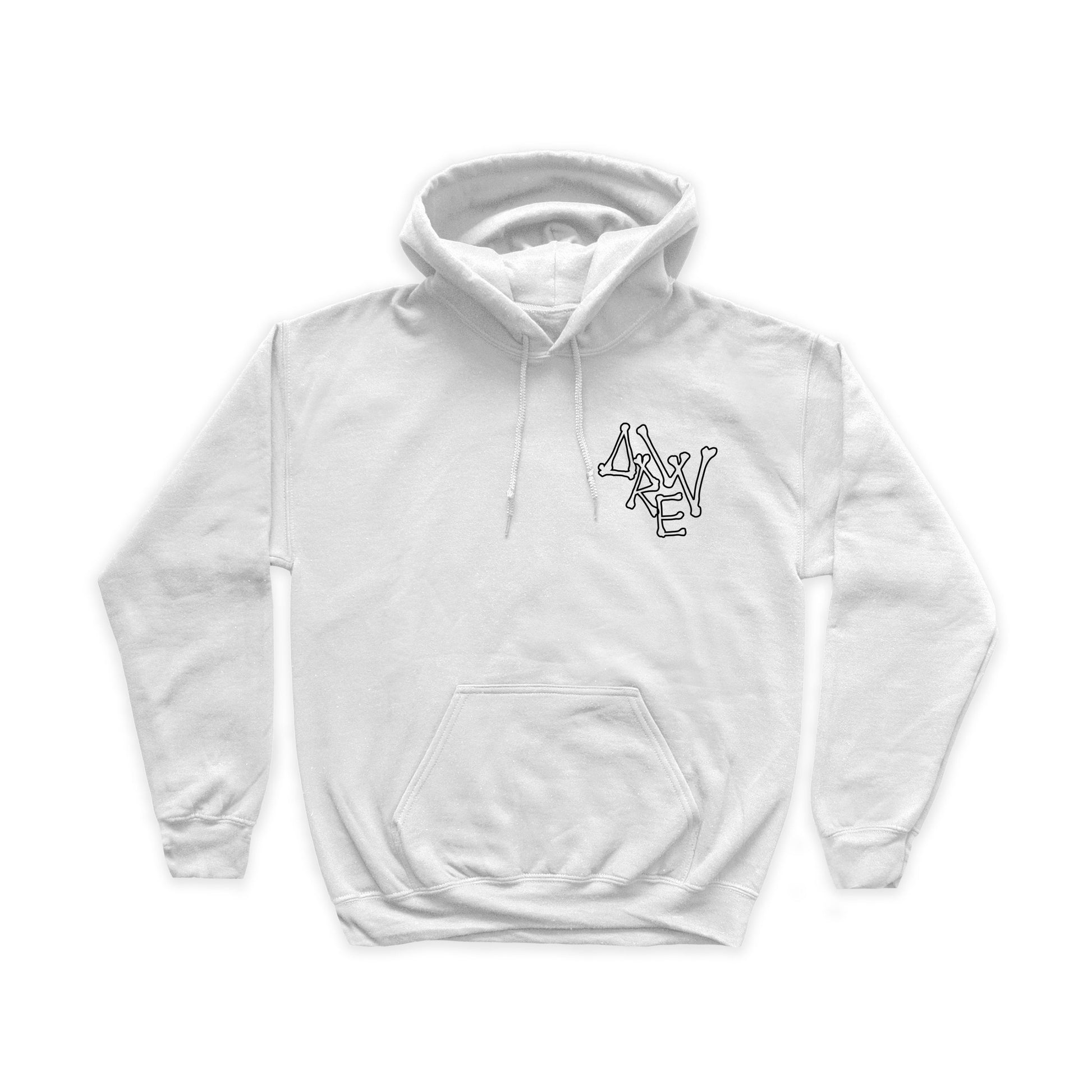 Felpa bianca con logo Drew nero stile ossa stampa lato cuore