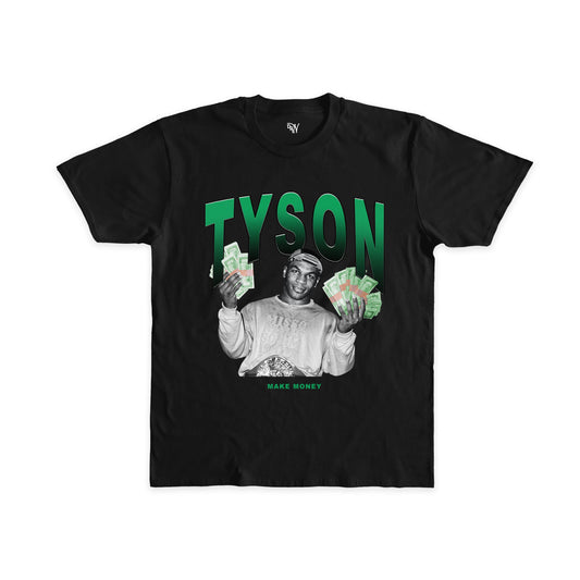 Maglietta nera con stampa digitale sul fronte di Mike Tyson in bianco e nero e scritta TYSON in alto color verde