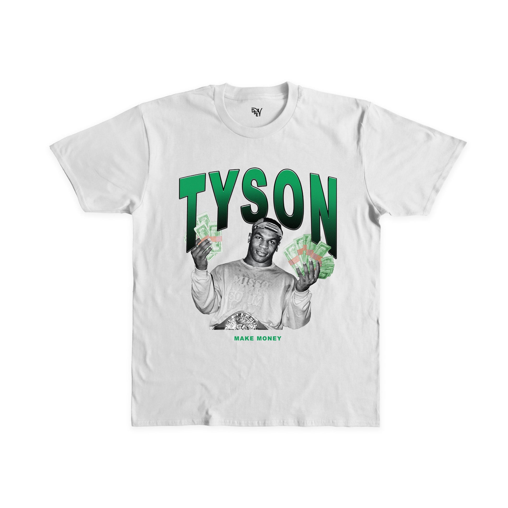 Maglietta bianca con stampa digitale sul fronte di Mike Tyson in bianco e nero e scritta TYSON in alto color verde
