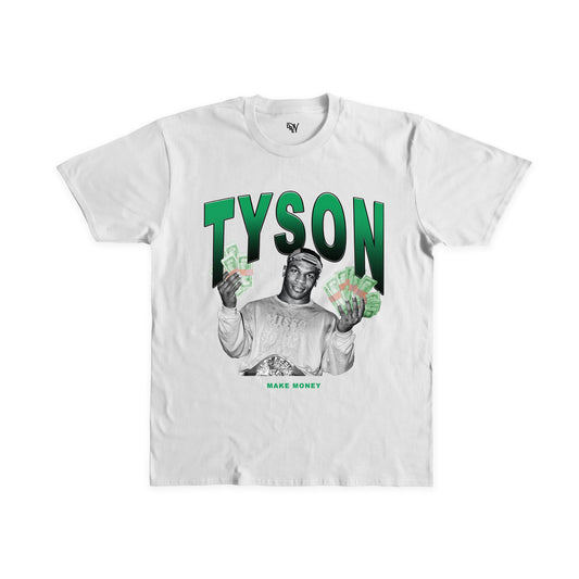 Maglietta bianca con stampa digitale sul fronte di Mike Tyson in bianco e nero e scritta TYSON in alto color verde