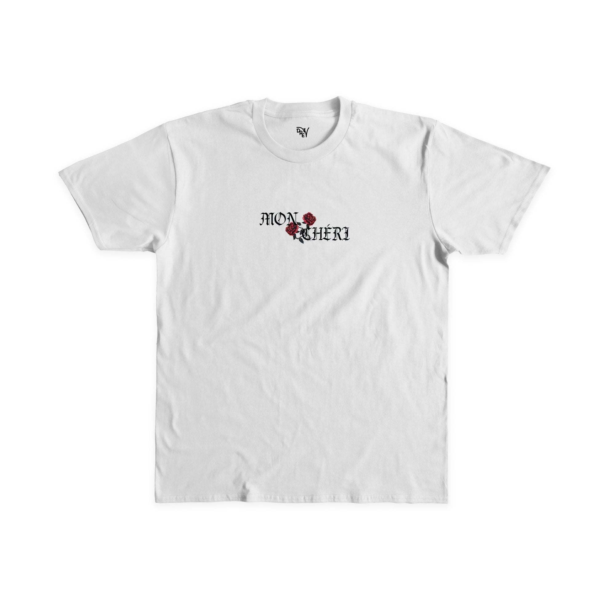 Maglietta bianca con stampa fronte sul petto Mon Chèri in nero e due rose che si intrecciano in mezzo alle lettere