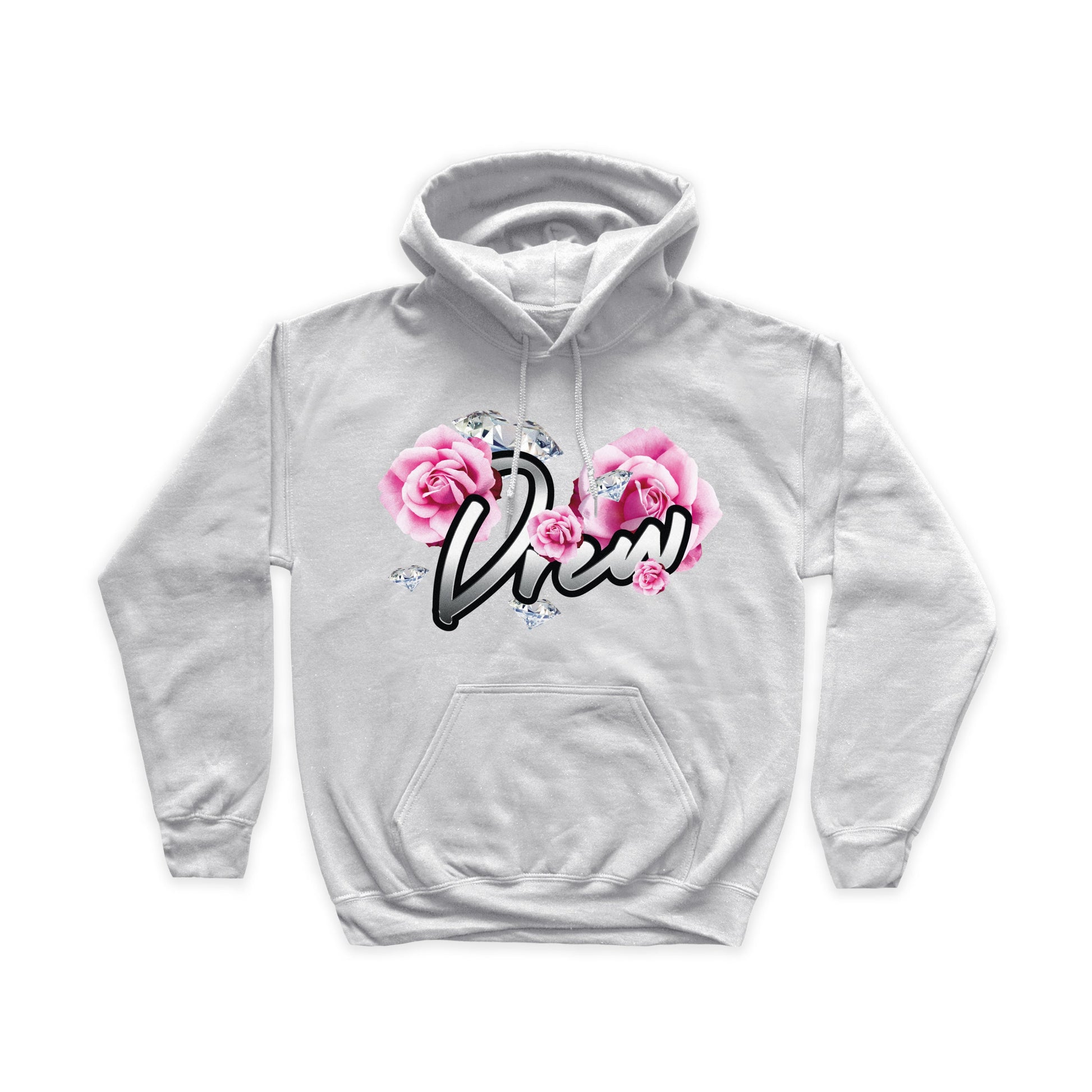 Felpa ash grey con stampa grande sul petto raffigurante la scritta Drew con intorno rose e diamanti