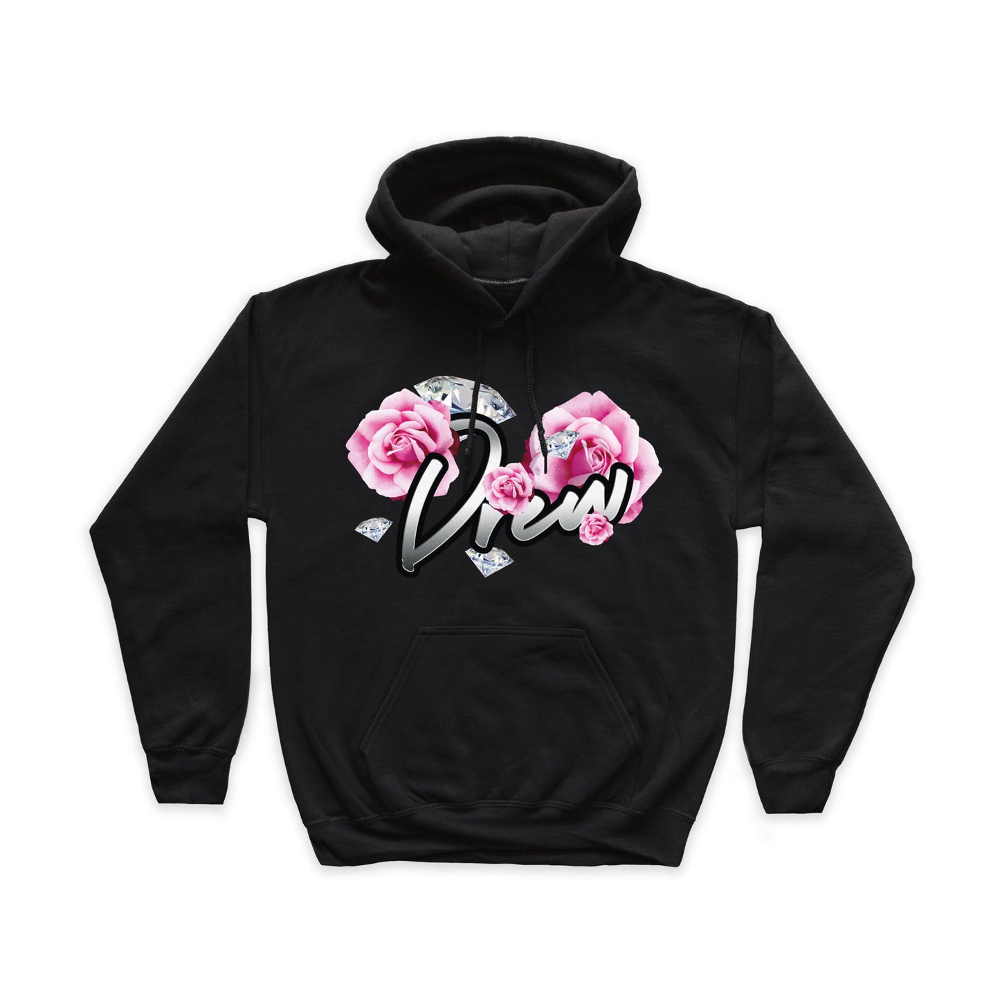 Felpa nera con stampa grande sul petto raffigurante la scritta Drew con intorno rose e diamanti