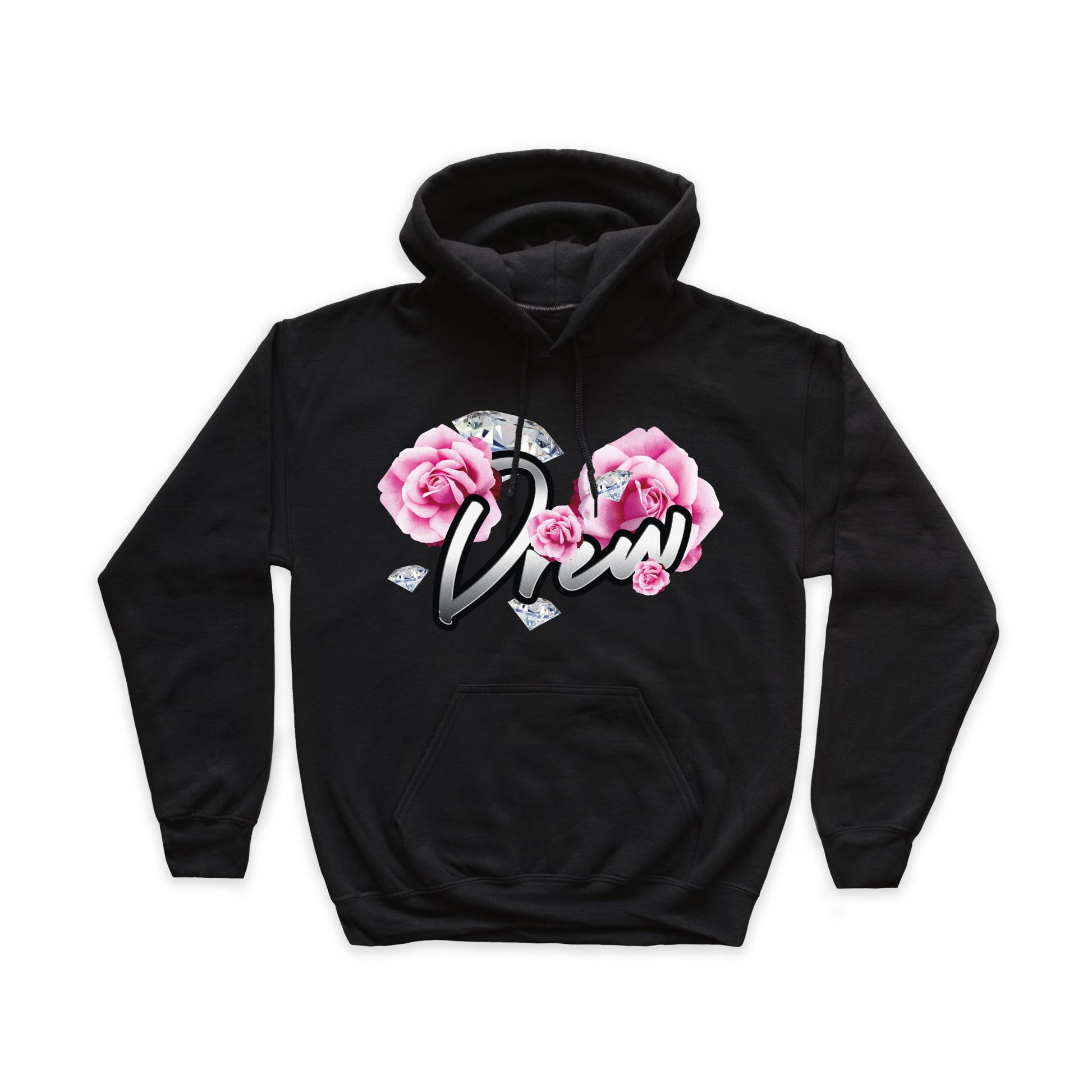 Felpa nera con stampa grande sul petto raffigurante la scritta Drew con intorno rose e diamanti