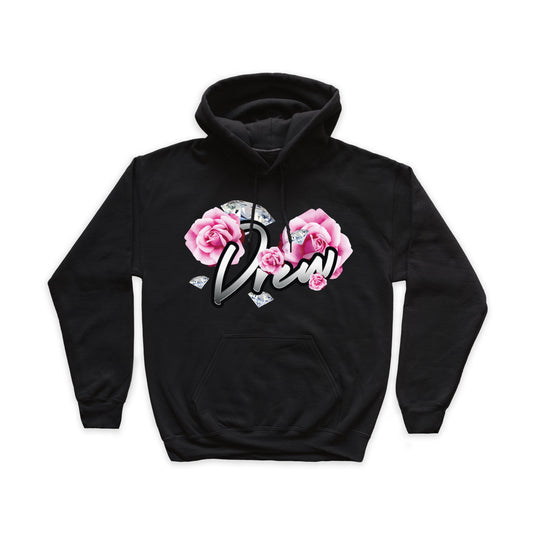 Felpa nera con stampa grande sul petto raffigurante la scritta Drew con intorno rose e diamanti
