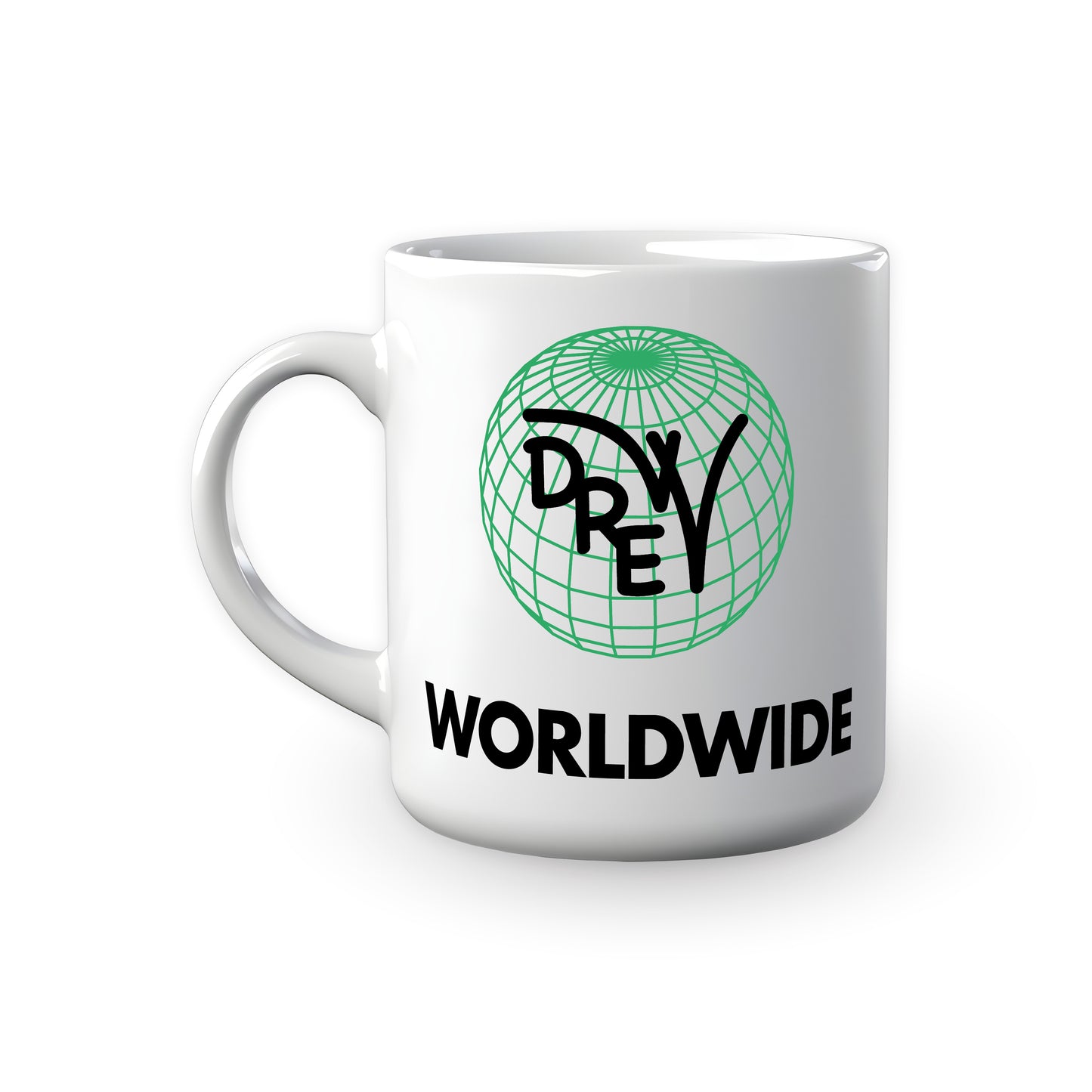 Tazza da latte con stampa sublimatica del mondo stilizzato color verde e logo Drew sopvrapposto in nero e scritta sotto Worldwide nera