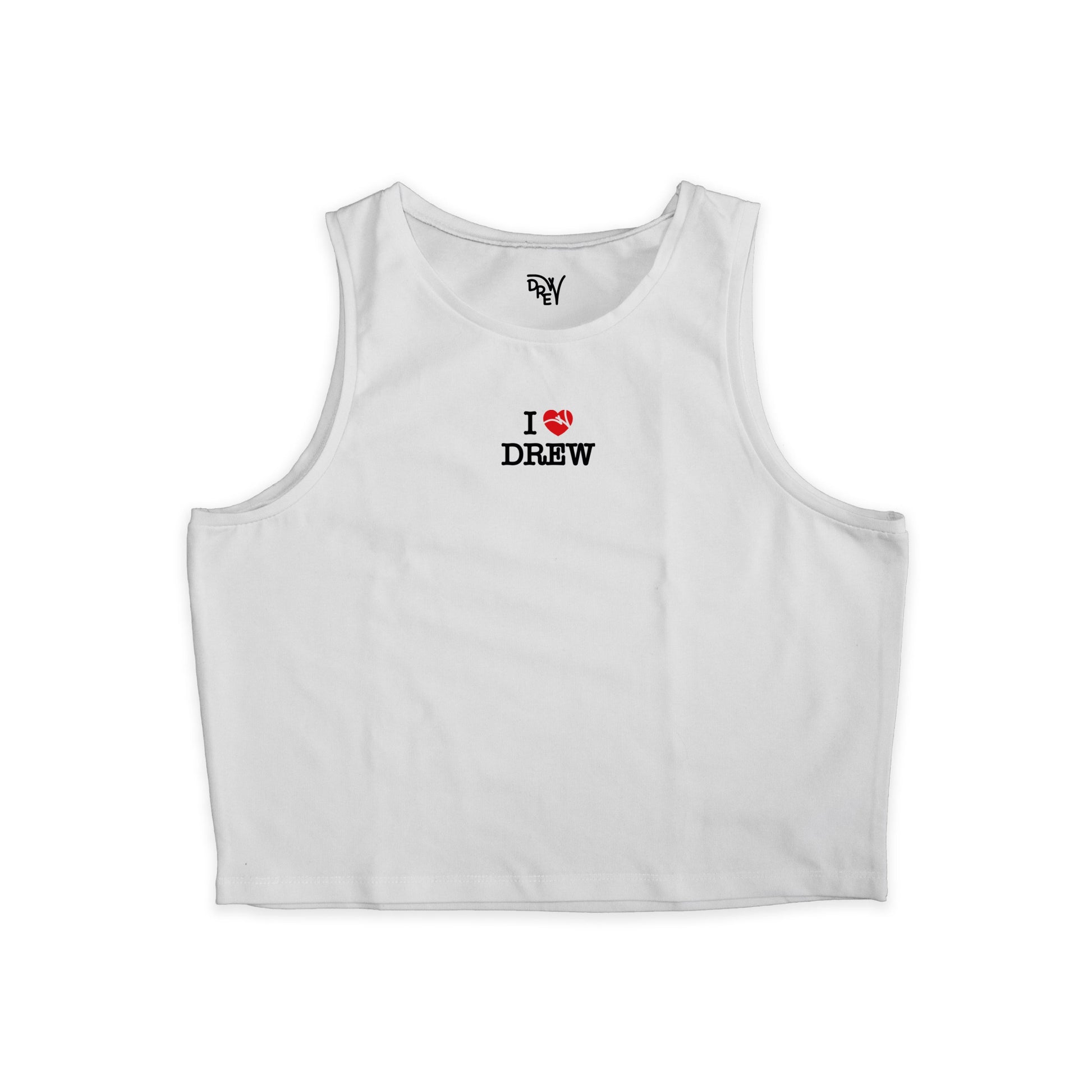Top donna bianco con logo al centro altezza petto della scritta i love drew in nero con cuore rosso