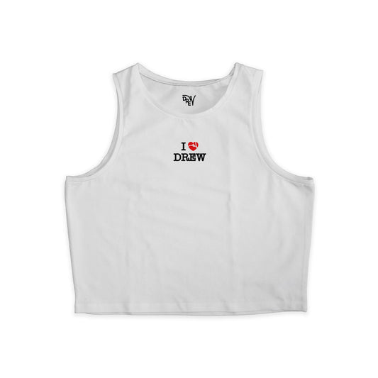 Top donna bianco con logo al centro altezza petto della scritta i love drew in nero con cuore rosso