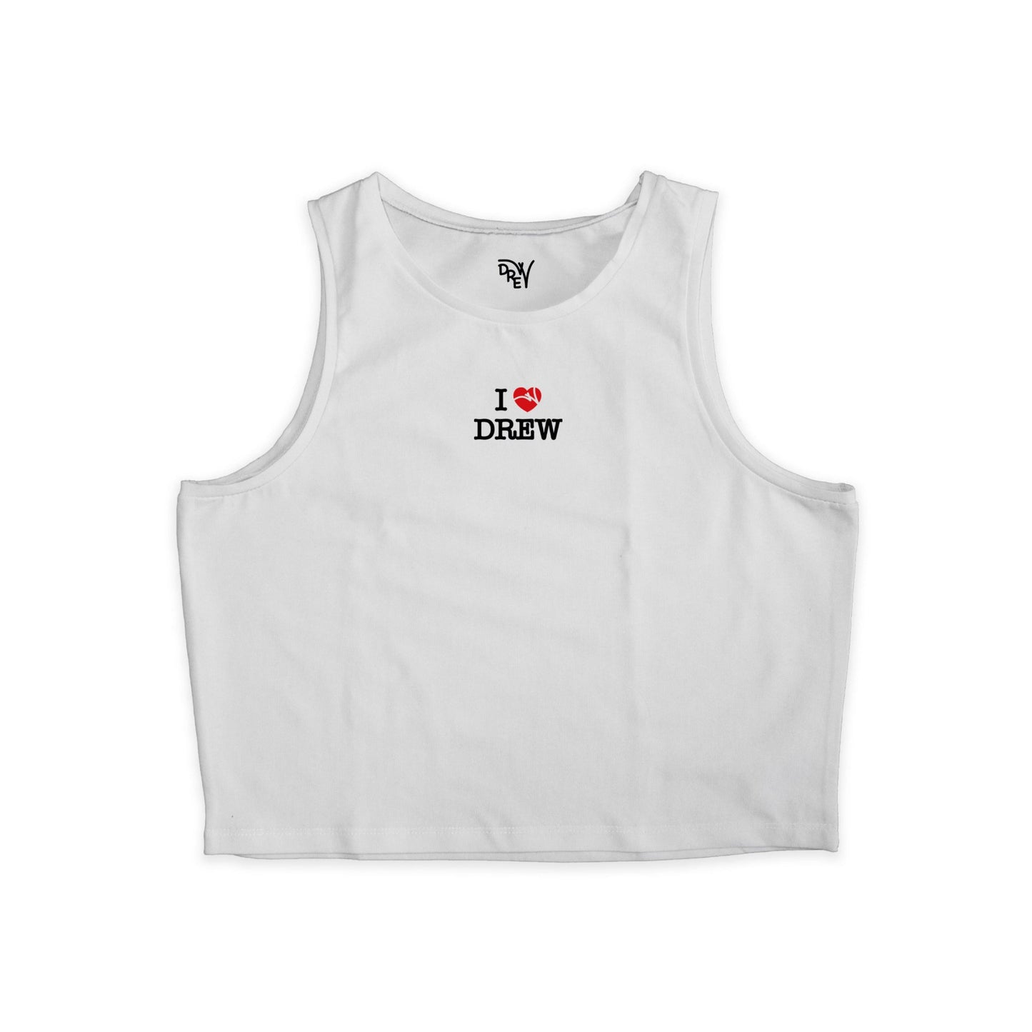 Top donna bianco con logo al centro altezza petto della scritta i love drew in nero con cuore rosso