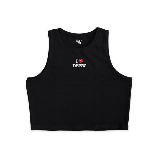 Top donna nero con stampa sul fronte altezza petto del logo i love drew in bianco con cuore rosso
