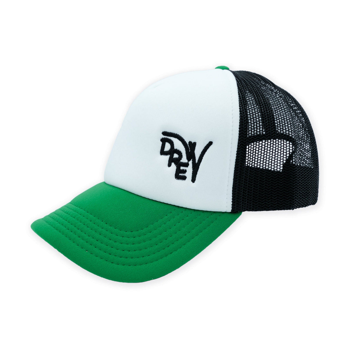 Cappellino trucker bianco con retina nera e visiera verde e ricamo nero