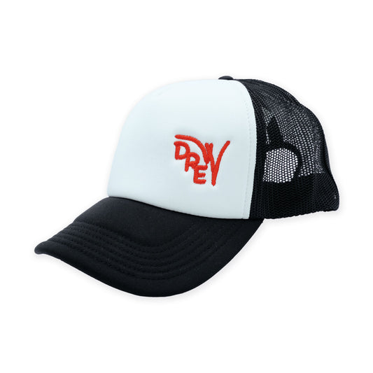 Cappellino trucker bianco con retina e visiera nera e ricamo rosso