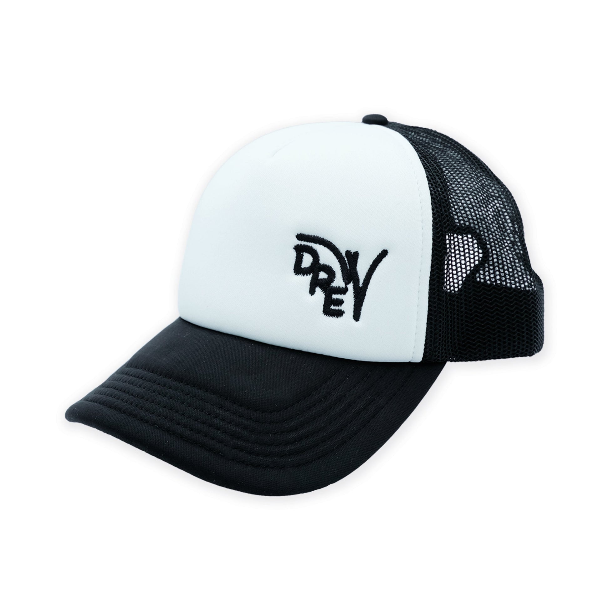 Cappellino trucker con retina bianco e nero con logo Drew ricamato