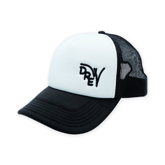 Cappellino trucker con retina bianco e nero con logo Drew ricamato