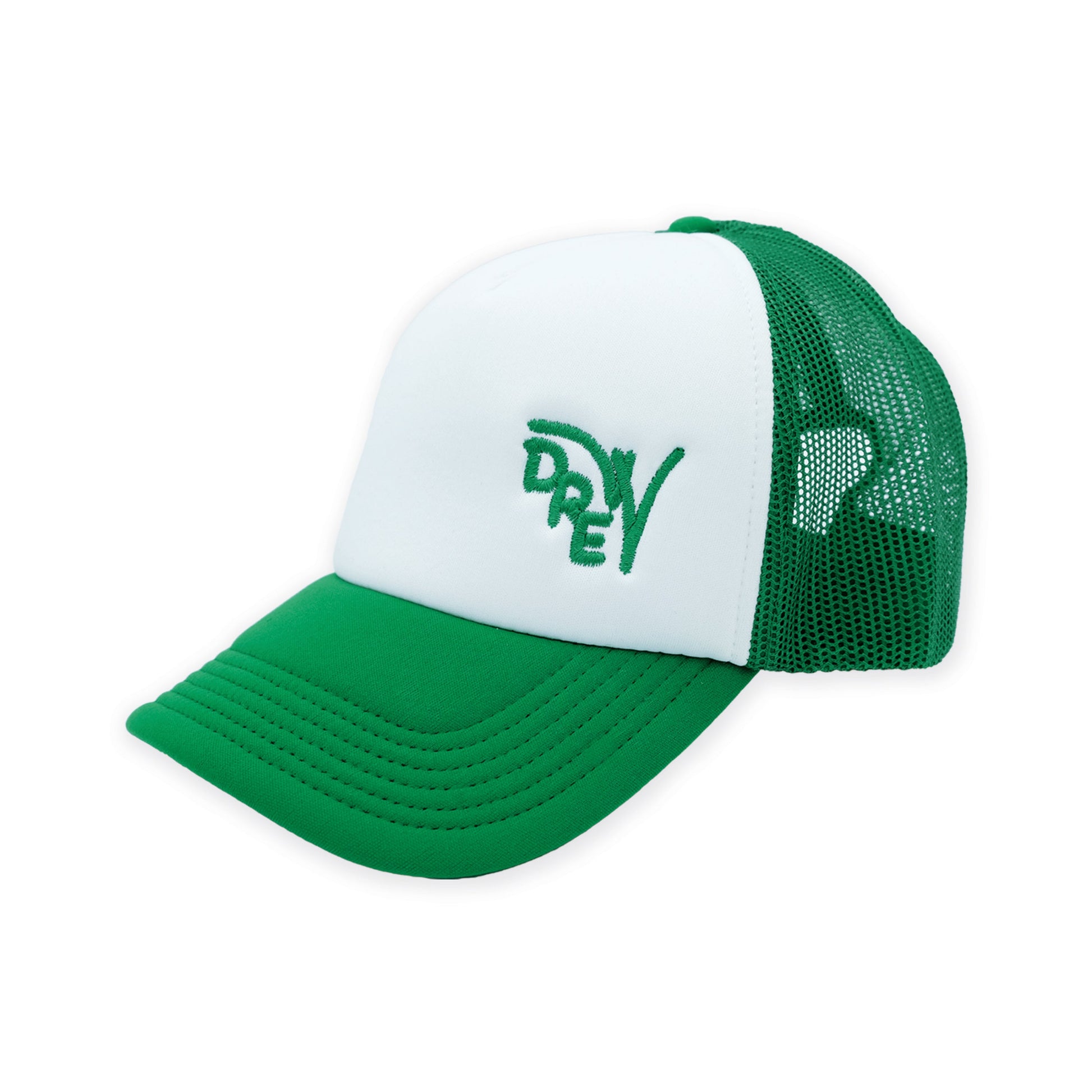 Cappellino trucker bianco con retina e visiera verde e ricamo verde