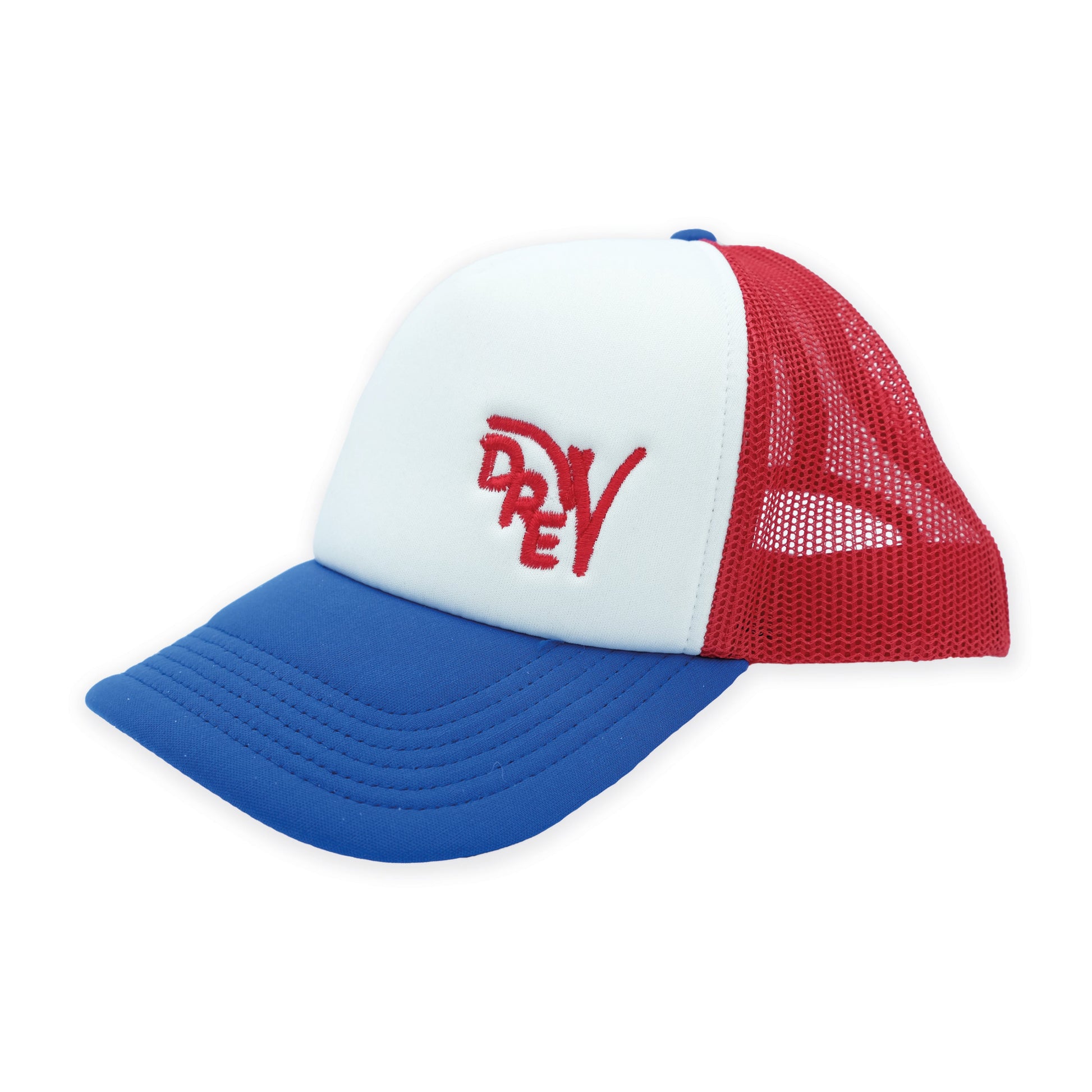 Cappellino trucker bianco con retina rossa visiera blu royal e ricamo rosso