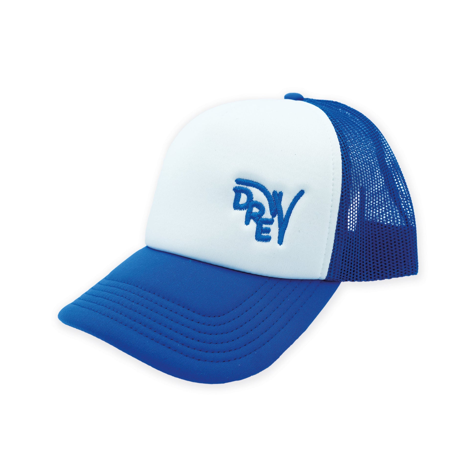 Cappellino trucker bianco con retina e visiera blu royal e ricamo blu royal