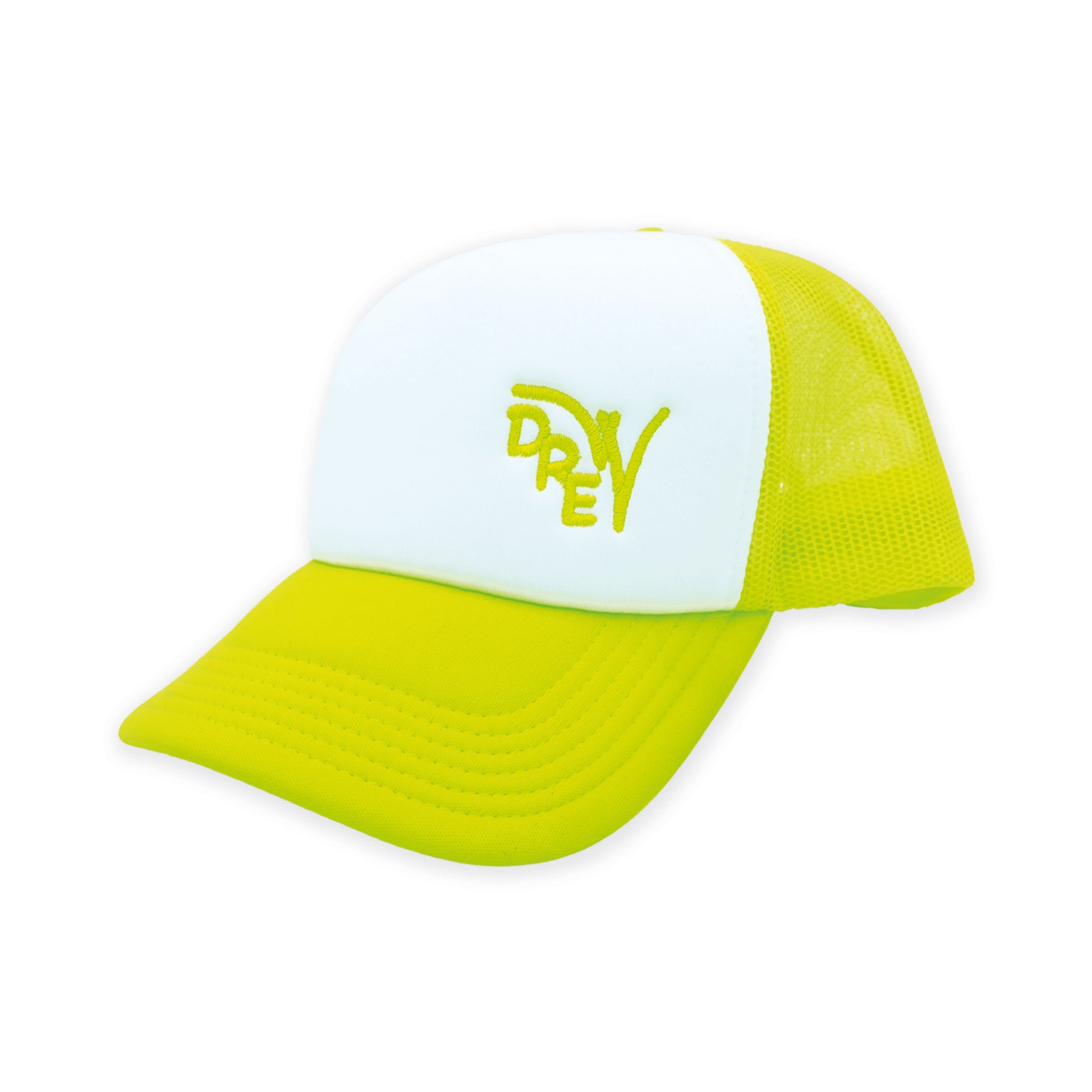 Cappellino trucker bianco con retina e visiera giallo fluo e ricamo giallo fluo