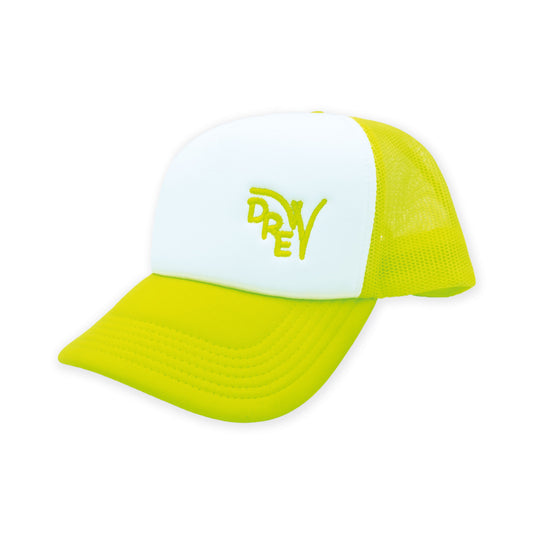 Cappellino trucker bianco con retina e visiera giallo fluo e ricamo giallo fluo