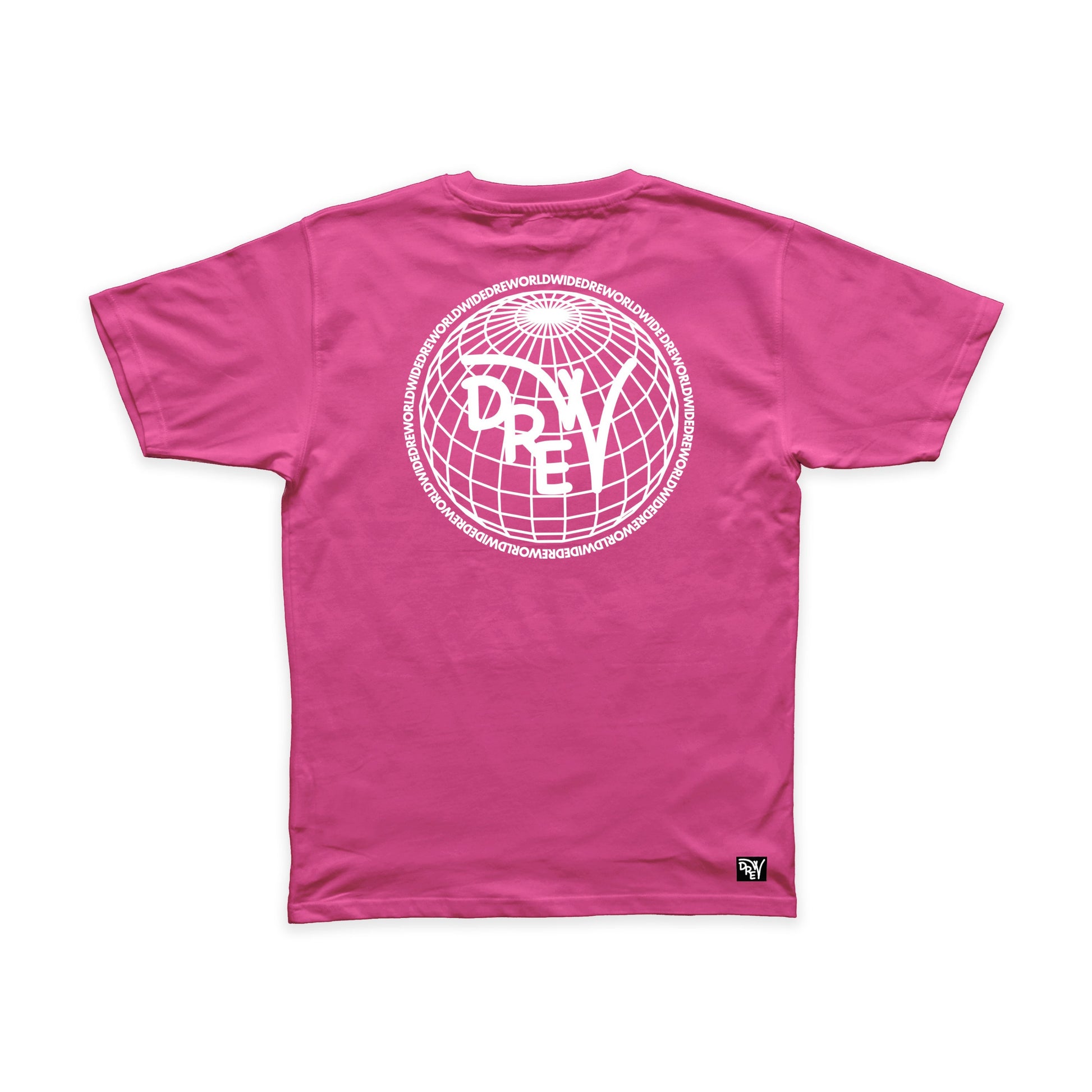 Maglietta magenta con grafica sul retro Drew Worldwide bianca