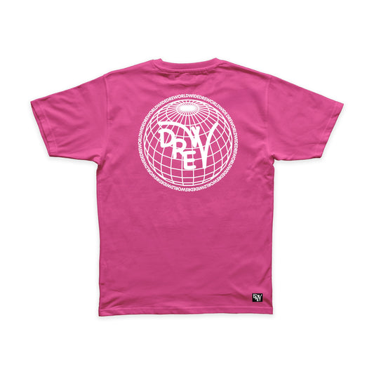 Maglietta magenta con grafica sul retro Drew Worldwide bianca