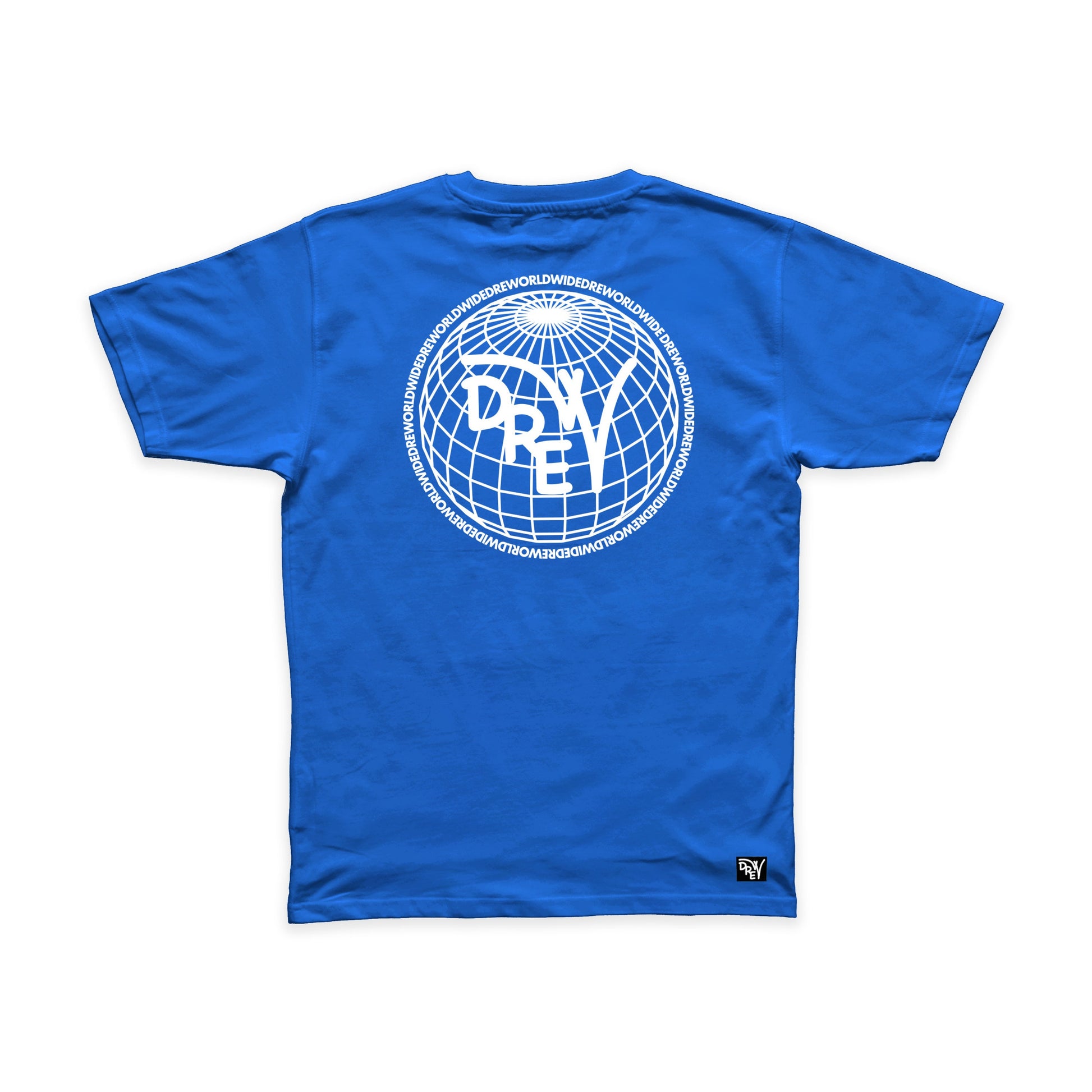 Maglietta blu royal con grafica sul retro Drew Worldwide bianca