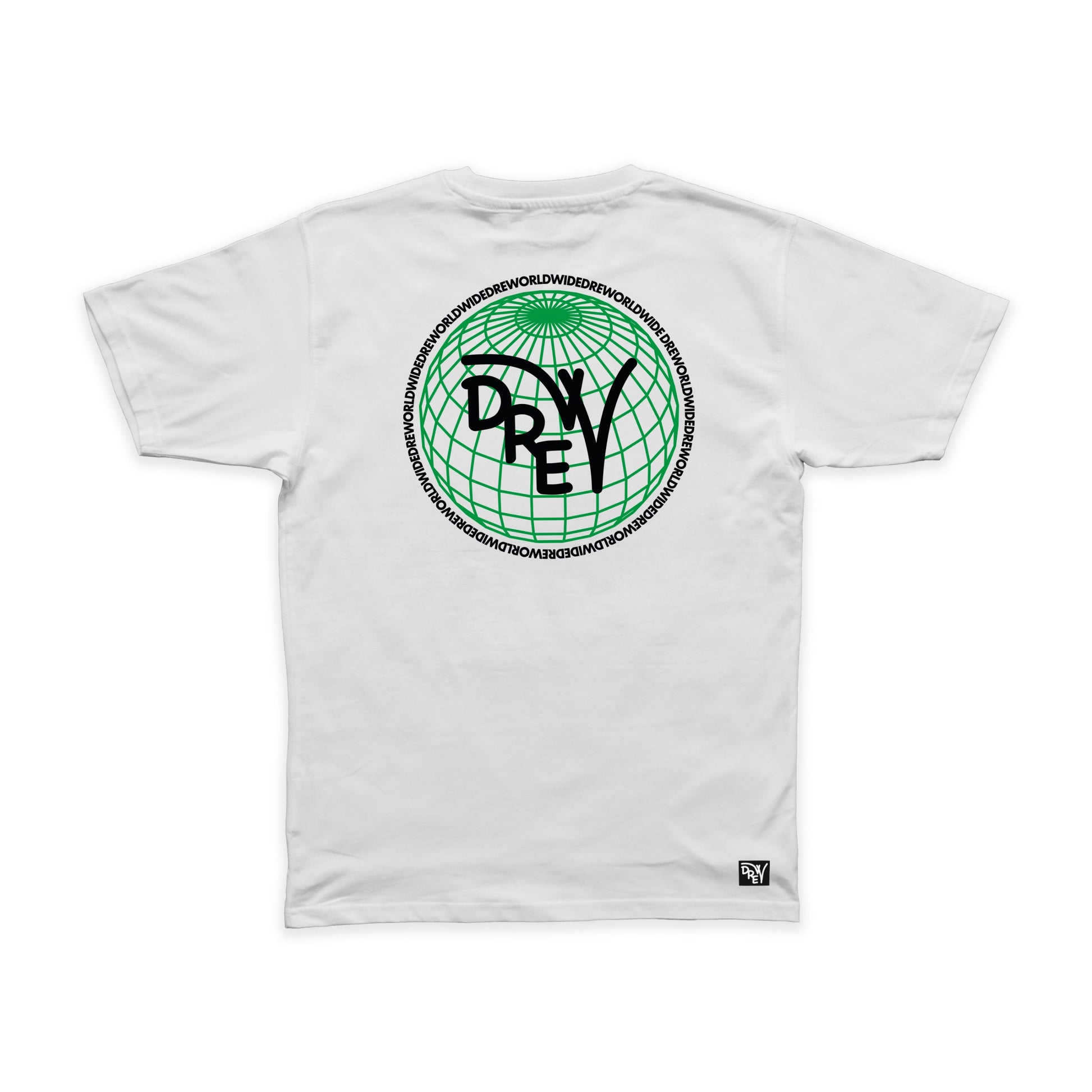 Maglietta bianca con grafica sul retro Drew Worldwide nera e verde