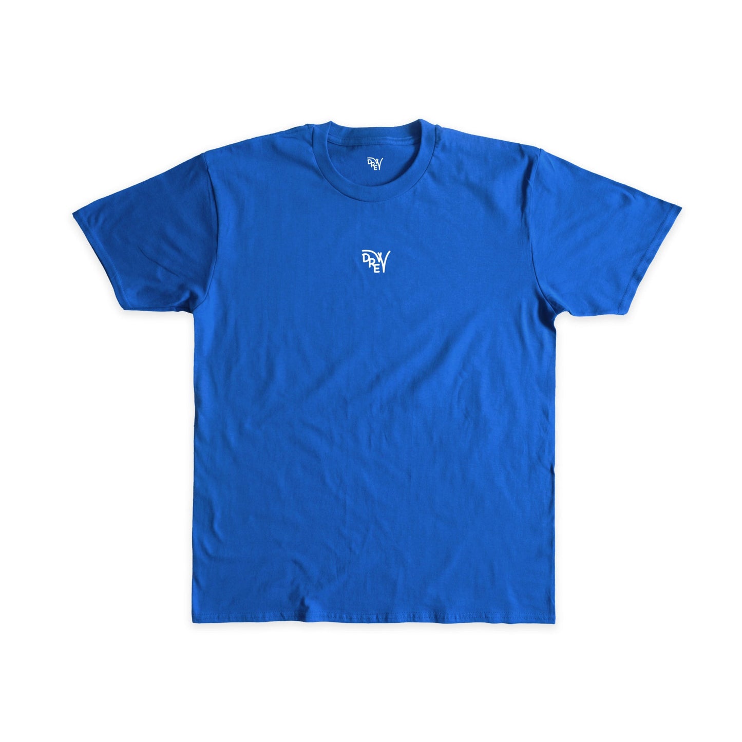 Maglietta blu royal con stampa davanti al centro del logo Drew in bianco