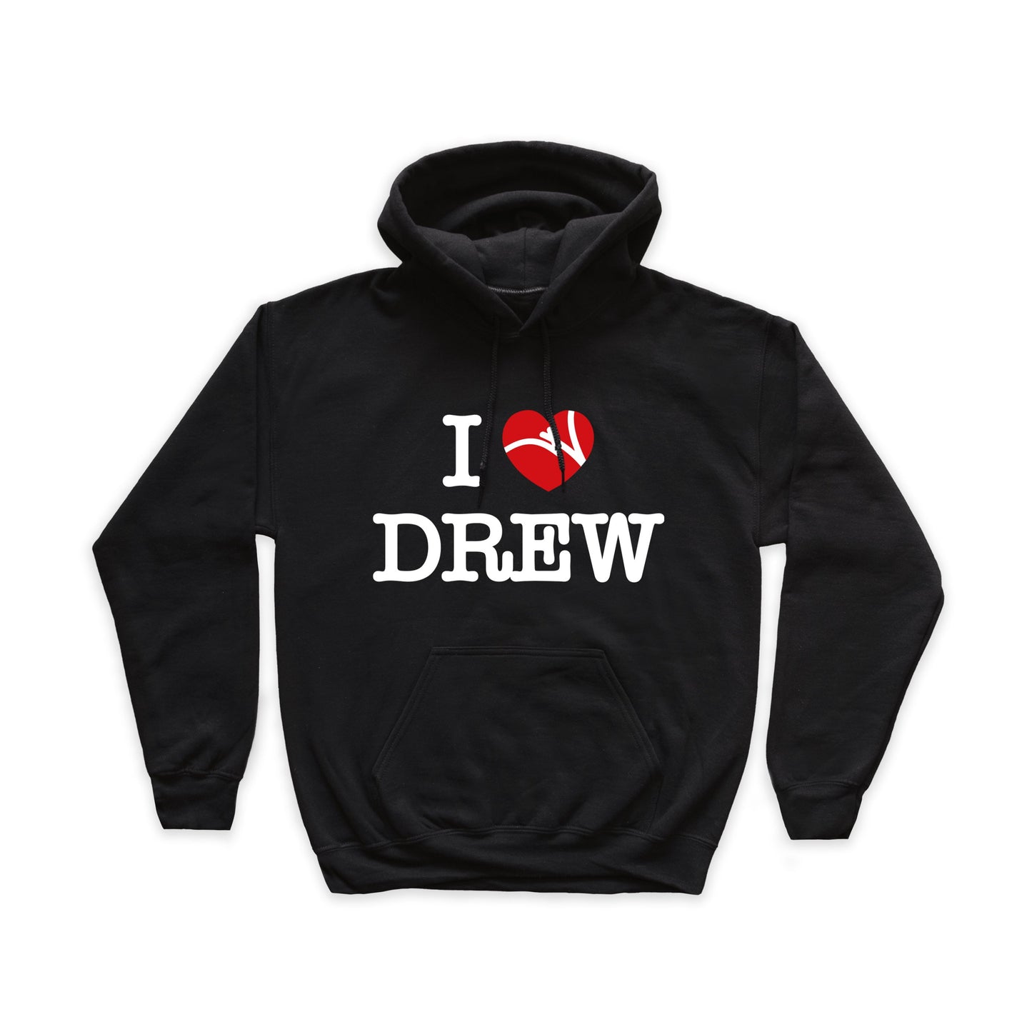 Felpa nera con stampa grande nel fronte della scritta I LOVE DREW in bianco con cuore rosso 