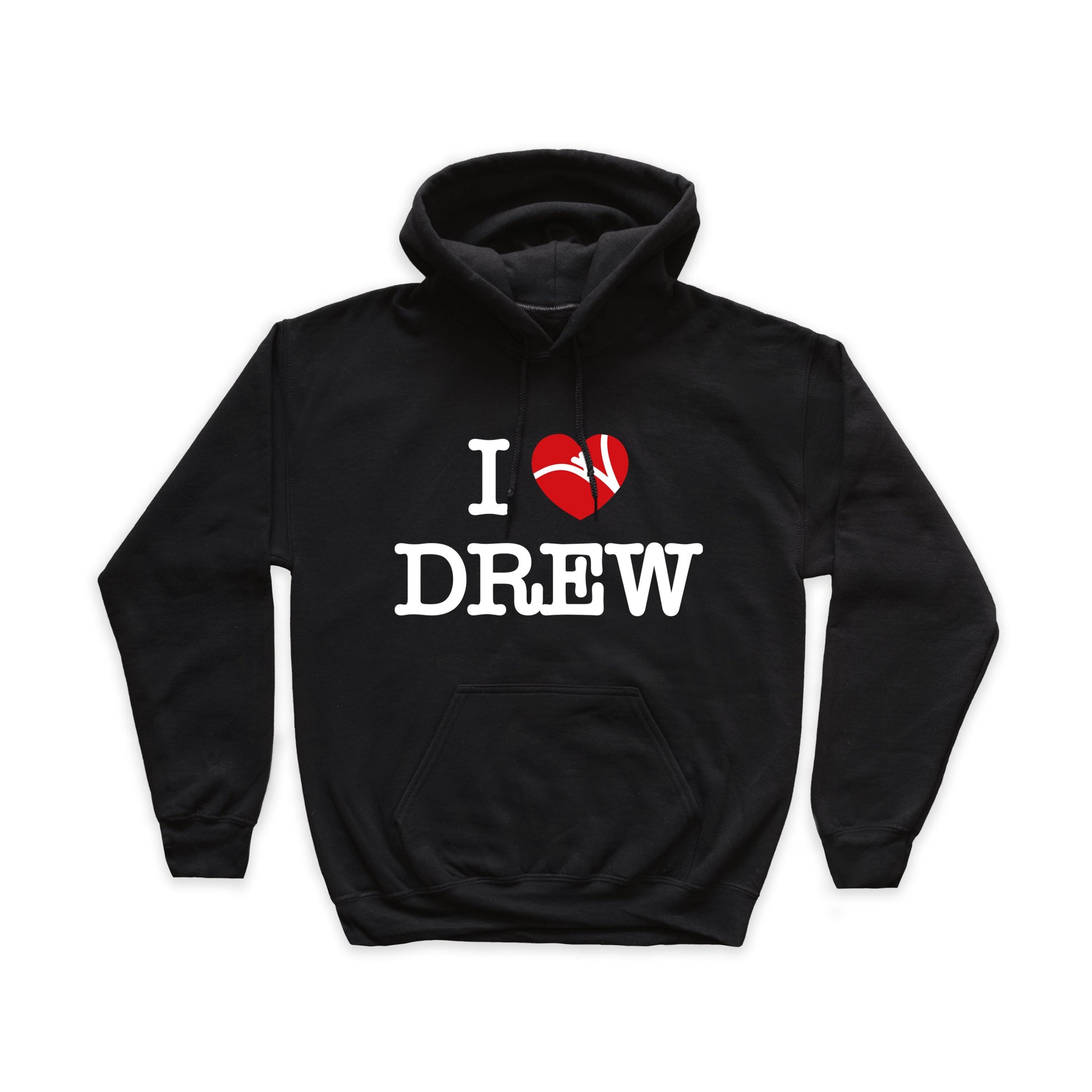 Felpa nera con stampa grande nel fronte della scritta I LOVE DREW in bianco con cuore rosso 