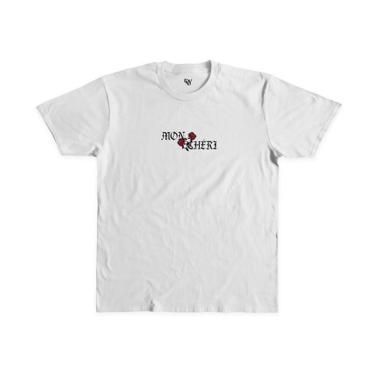 Maglietta bianca con stampa fronte sul petto Mon Chèri in nero e due rose che si intrecciano in mezzo alle lettere